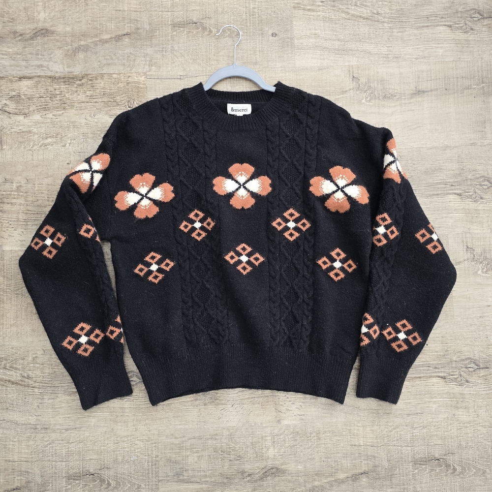 Women's Black and Orange Floral Cottagecore Retro Cable knit Sweater Size large